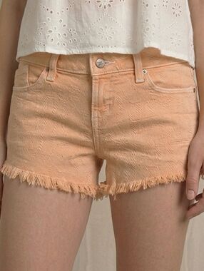 Sz 25 Guess 1981 Women's Frayed Edge Cotton Blend Tan Denim Mini Shorts Y2K